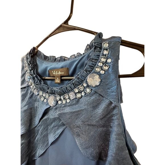 ✌️ 2/$40 Blue Layered Below Knee Elegant Dress with Rhinestone Rounded Neck sz 8 - Picture 4 of 7